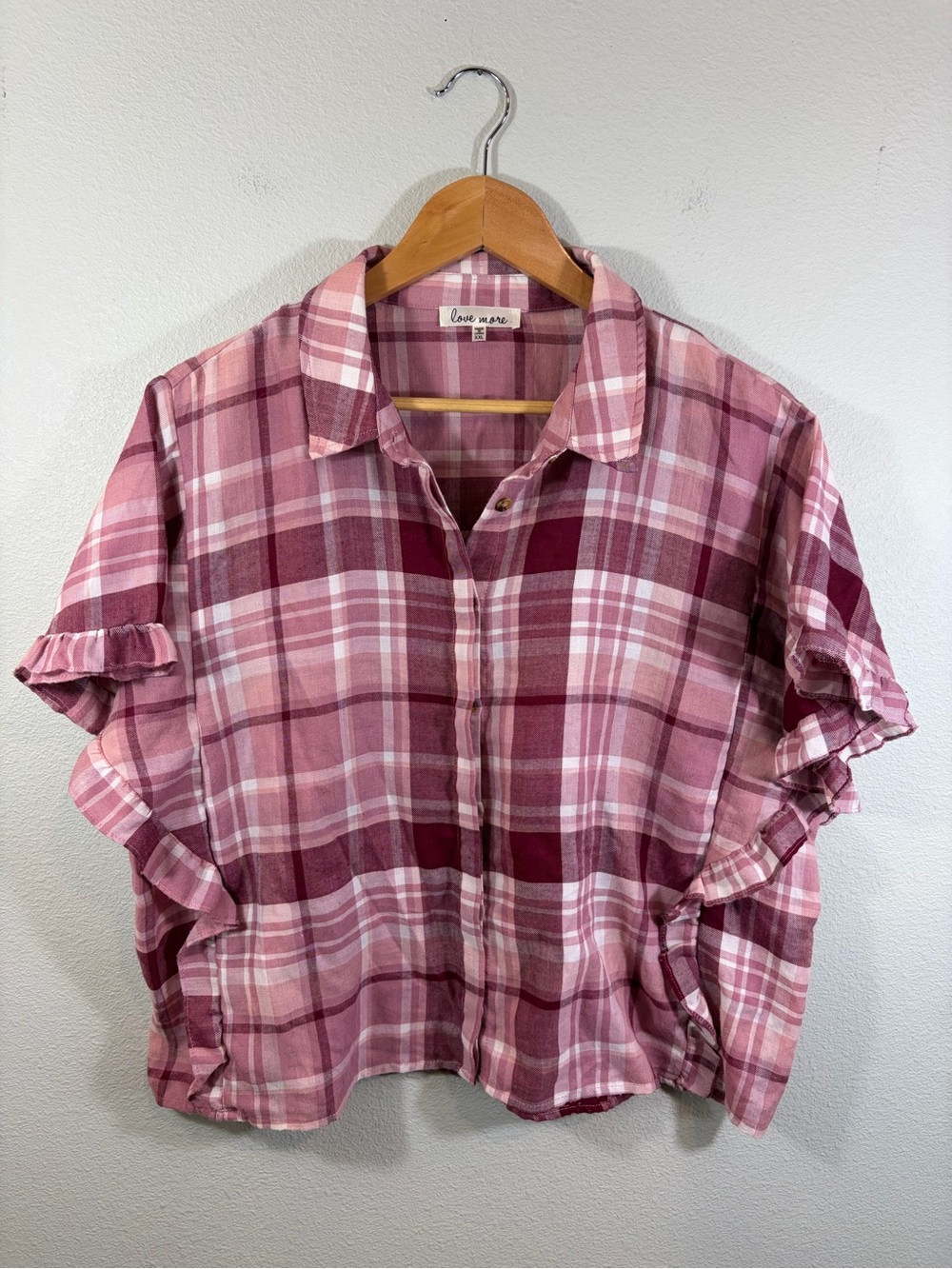 Love More Pink Plaid Ruffle-Sleeve Shirt